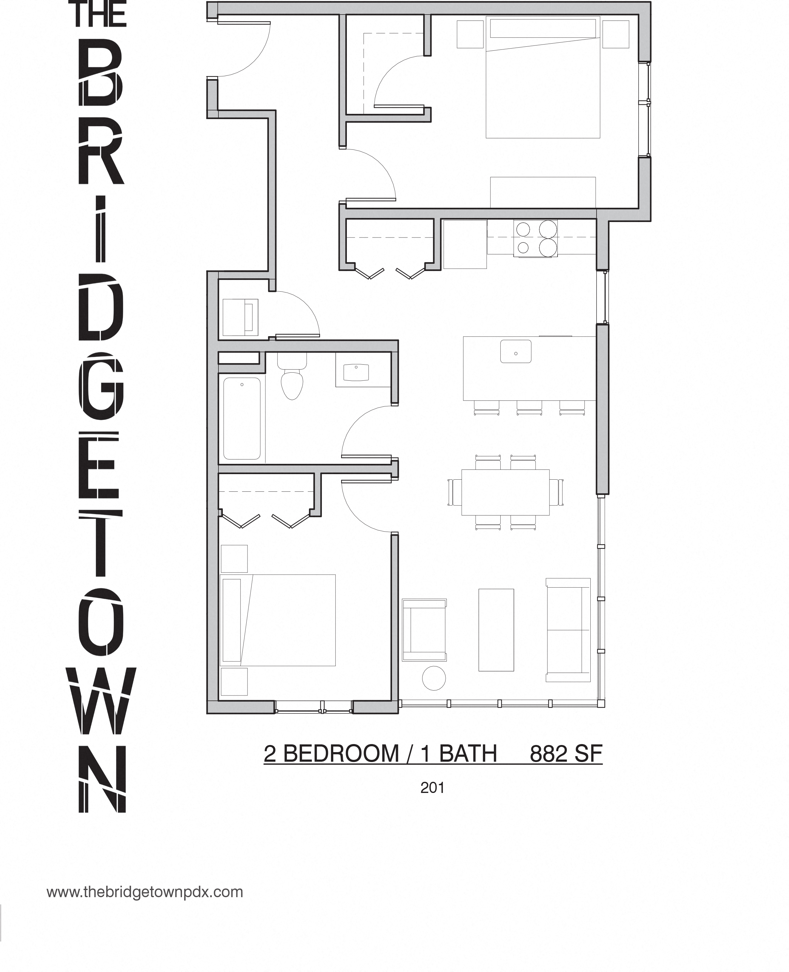 Floor plan for 2 beds, 1 bath, 882 sqft